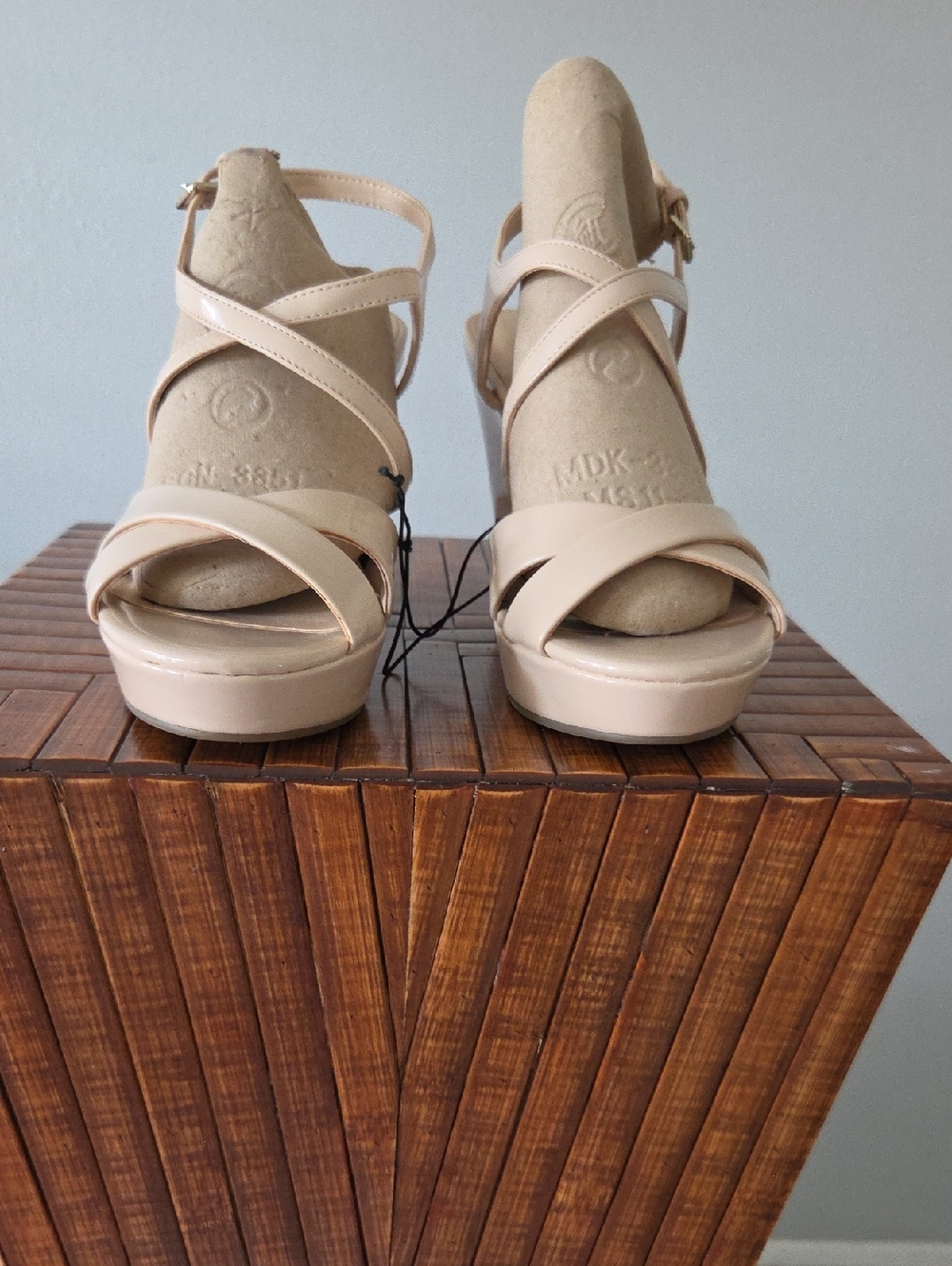 Marc Fisher Beige Patent Platform Sandals